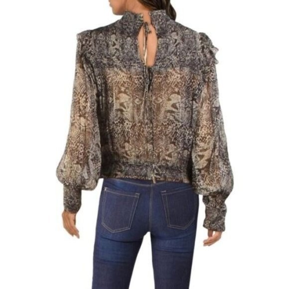 Free People Snake Combo Roma MOCK NECK Blouse Tie‎ neck Size Small - Picture 6 of 13